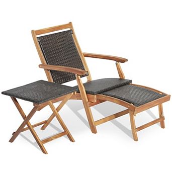 Costway Patio Rattan Folding Lounge Chair Table Acacia Wood W/Retractable Footrest
