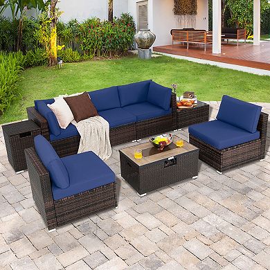 Costway 8PCS Patio Rattan Furniture Set Fire Pit Table Tank Holder Cover Deck