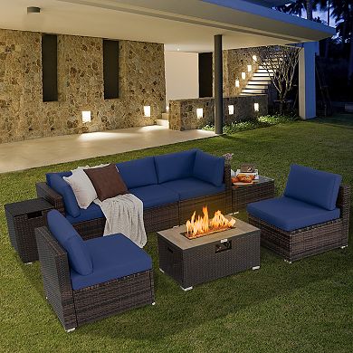 Costway 8PCS Patio Rattan Furniture Set Fire Pit Table Tank Holder Cover Deck