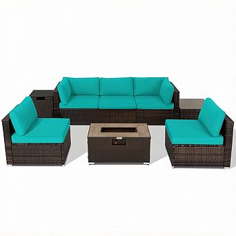 Costway 8 pc Patio Rattan Furniture Set Fire Pit Table Tank Holder Cover Deck