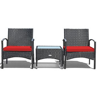 Costway 3 pc Patio Wicker Rattan Furniture Set Coffee Table & 2 Rattan Chair W/Cushion