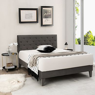 Costway Bed Frame Upholstered Platform Bed with Tufted Headboard Mattress Foundation