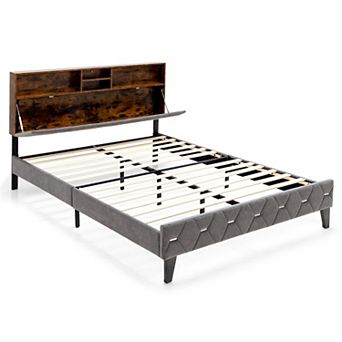 Costway Bed Frame Upholstered Platform Bed Mattress Foundation with Storage Headboard