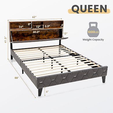 Costway Bed Frame Upholstered Platform Bed Mattress Foundation with Storage Headboard