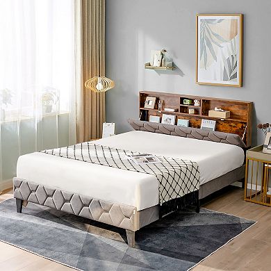 Costway Bed Frame Upholstered Platform Bed Mattress Foundation with Storage Headboard
