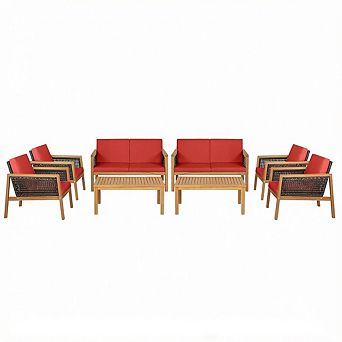 Costway 8 pc Patio Rattan Furniture Set Acacia Wood Cushioned Sofa