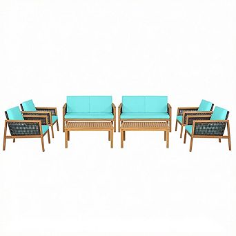 Costway 8 pc Patio Rattan Furniture Set Acacia Wood Cushioned Sofa