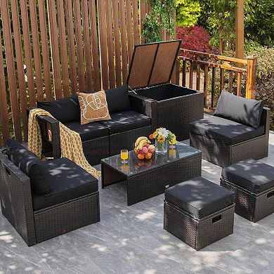 Costway 8PCS Patio Rattan Furniture Set Space-Saving Storage Cushion