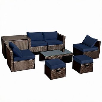 Costway 8 pc Patio Rattan Furniture Set Space-Saving Storage Cushion