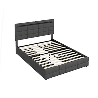 Costway Upholstered Queen LED Lights Bed Headboard Drawers Solid Wooden Slat Platform