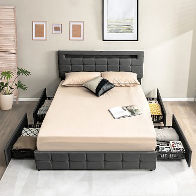 Costway Upholstered Queen LED Lights Bed Headboard Drawers Solid Wooden Slat Platform