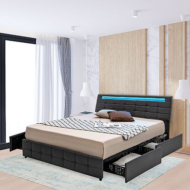 Costway Upholstered Queen LED Lights Bed Headboard Drawers Solid Wooden Slat Platform