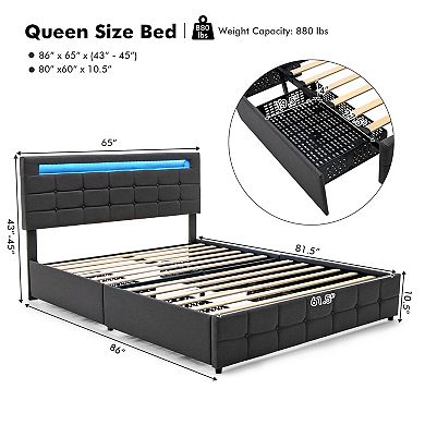 Costway Upholstered Queen LED Lights Bed Headboard Drawers Solid Wooden Slat Platform
