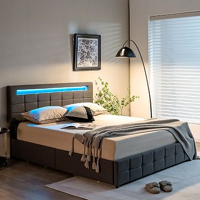 Costway Upholstered Queen LED Lights Bed Headboard Drawers Solid Wooden Slat Platform