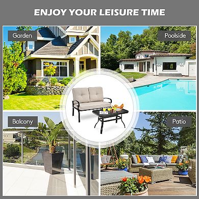 Costway 2PCS Patio Loveseat Bench Table Furniture Set Cushioned Chair