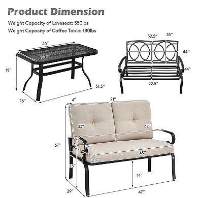 Costway 2PCS Patio Loveseat Bench Table Furniture Set Cushioned Chair