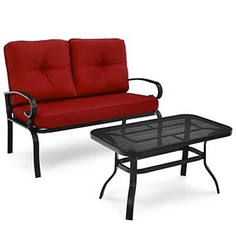 Costway 2 pc Patio Loveseat Bench Table Furniture Set Cushioned Chair