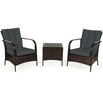 Costway 3 pc Patio Wicker Rattan Furniture Set Coffee Table & 2 Rattan Chair W/Cushions
