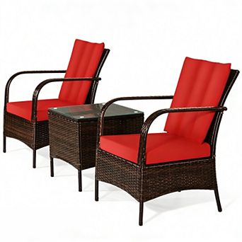 Costway 3 pc Patio Wicker Rattan Furniture Set Coffee Table & 2 Rattan Chair W/Cushions