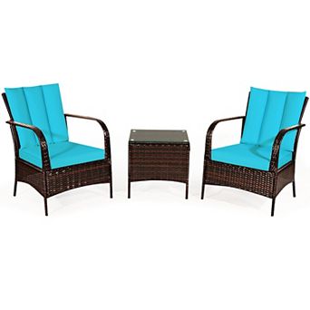Costway 3 pc Patio Wicker Rattan Furniture Set Coffee Table & 2 Rattan Chair W/Cushions