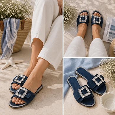 Diamond-1 Rhinestone Buckle Denim Slide Sandals for Women