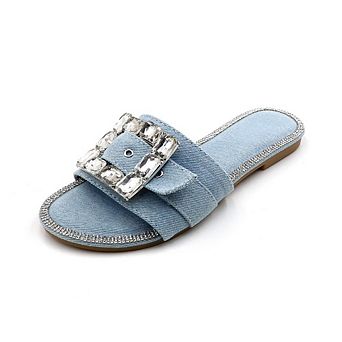 Diamond-1 Rhinestone Buckle Denim Slide Sandals for Women