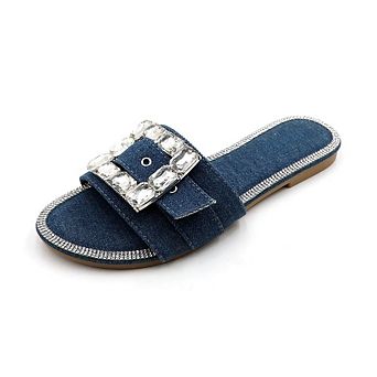 Diamond-1 Rhinestone Buckle Denim Slide Sandals for Women