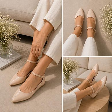 Emely-2 Patent Pointed Toe Ankle Strap Ballet Flats for Women