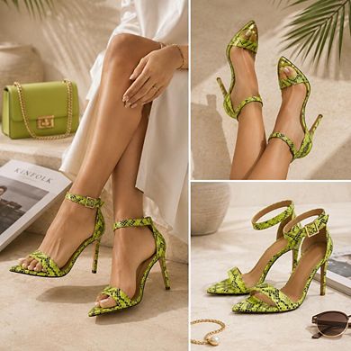 Borry-4 Snake Print Ankle Strap Pointed Toe Stiletto Heel Sandals