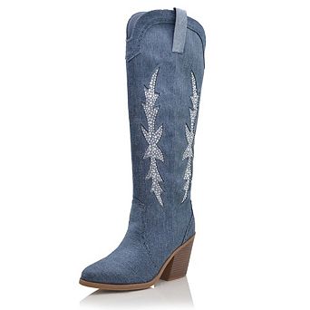 AD-Mintjulep3 Rhinestone Embroidered Denim Western Cowboy Boots