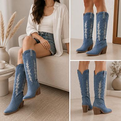 AD-Mintjulep3 Rhinestone Embroidered Denim Western Cowboy Boots