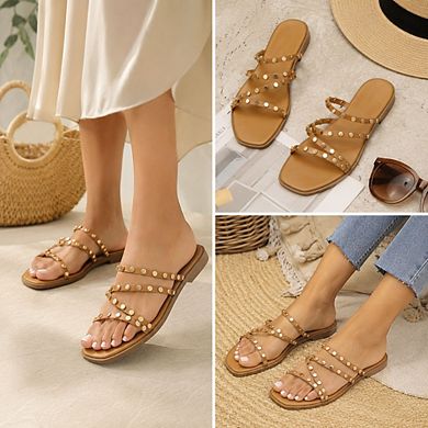 AD-Bottlenose5 Studded Multi Strap Slide Flat Sandals