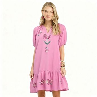 Umgee Embroidered Floral Babydoll Dress for Women Ruffled Shift Dress Lightweight Polyester