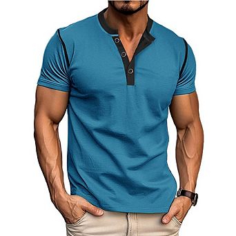 Men's Short Sleeve Henley T-Shirt, Teal Cotton Blend Casual Button Crew Neck Tee for Daily Wear