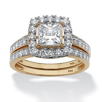 1.99 ct w. Cubic Zirconia Gold-Plated Sterling Silver Halo Bridal Set