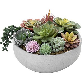 Round Artificial Succulent Arrangement in Concrete Bowl Planter Decor