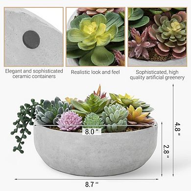 Round Artificial Succulent Arrangement in Concrete Bowl Planter Decor