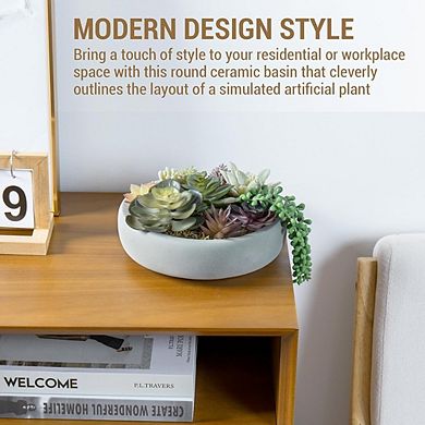 Round Artificial Succulent Arrangement in Concrete Bowl Planter Decor