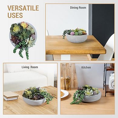 Round Artificial Succulent Arrangement in Concrete Bowl Planter Decor