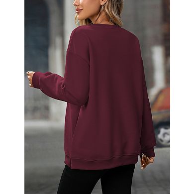 Women Casual Plain Crew Neck Long Sleeve Pullover Tops with Pockets