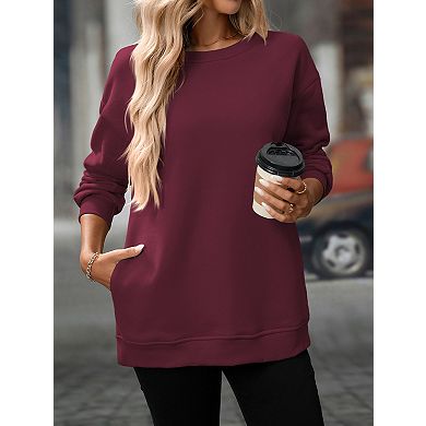 Women Casual Plain Crew Neck Long Sleeve Pullover Tops with Pockets