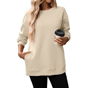 Women Casual Plain Crew Neck Long Sleeve Pullover Tops with Pockets