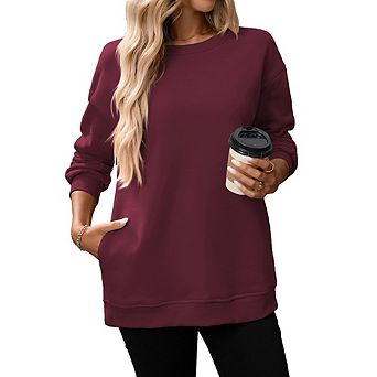 Women Casual Plain Crew Neck Long Sleeve Pullover Tops with Pockets