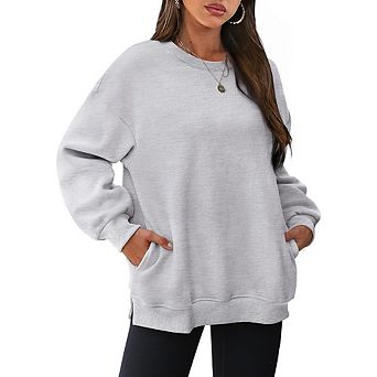 Women Casual Plain Crew Neck Long Sleeve Pullover Tops with Pockets