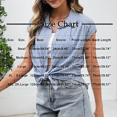 Women's Striped V Neck Collared Blouses Short Cap Sleeve Button Down Shirts