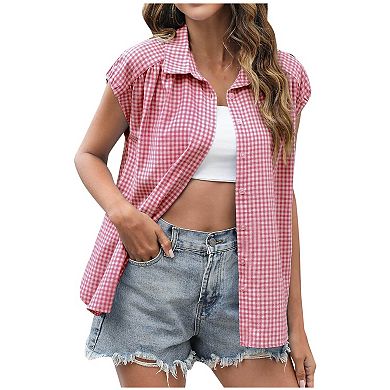 Women's Striped V Neck Collared Blouses Short Cap Sleeve Button Down Shirts