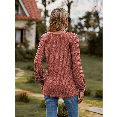 Women's Casual Solid Color Button Crew Neck Long Sleeve Shirt Tops