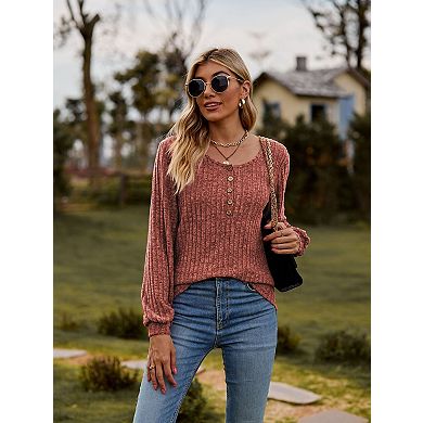 Women's Casual Solid Color Button Crew Neck Long Sleeve Shirt Tops