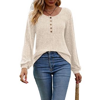 Women's Casual Solid Color Button Crew Neck Long Sleeve Shirt Tops