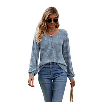 Women's Casual Solid Color Button Crew Neck Long Sleeve Shirt Tops